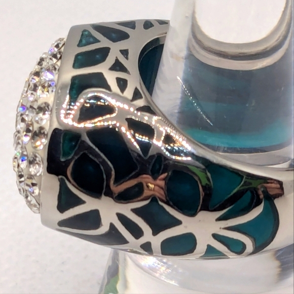 New Stainless Steel Ring, White Austrian Crystal with Teal Enamel Ring Size 9 - Picture 5 of 7